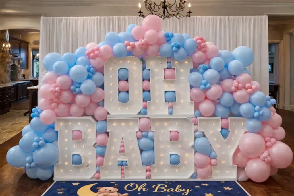 Pink and blue balloon arch around light-up Oh Baby letters