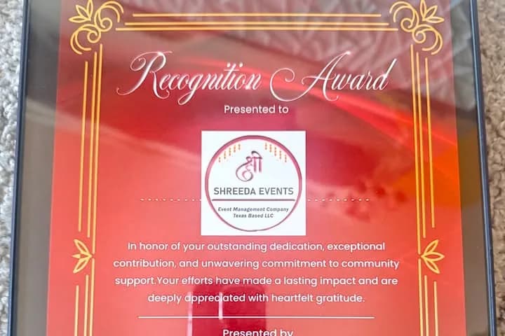 Recognition Award certificate presented to Shreeda Events, with the BIJUSA logo and a photo of Akshara Singh