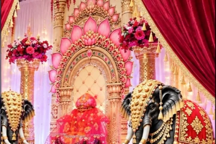 Ganesh Chaturthi setup with a carved pink and gold throne, two elephant figures in red and gold, red drapes and red and pink flowers