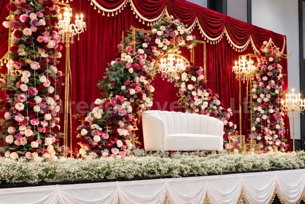Reception stage with a red velvet backdrop, pink and white floral arches and a white sofa