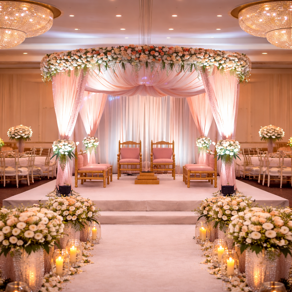 Premium wedding mandap decoration in Dallas by Shreeda Events. Elegant floral stage design, luxury wedding decor, and customized Indian wedding setups across Dallas, Texas.