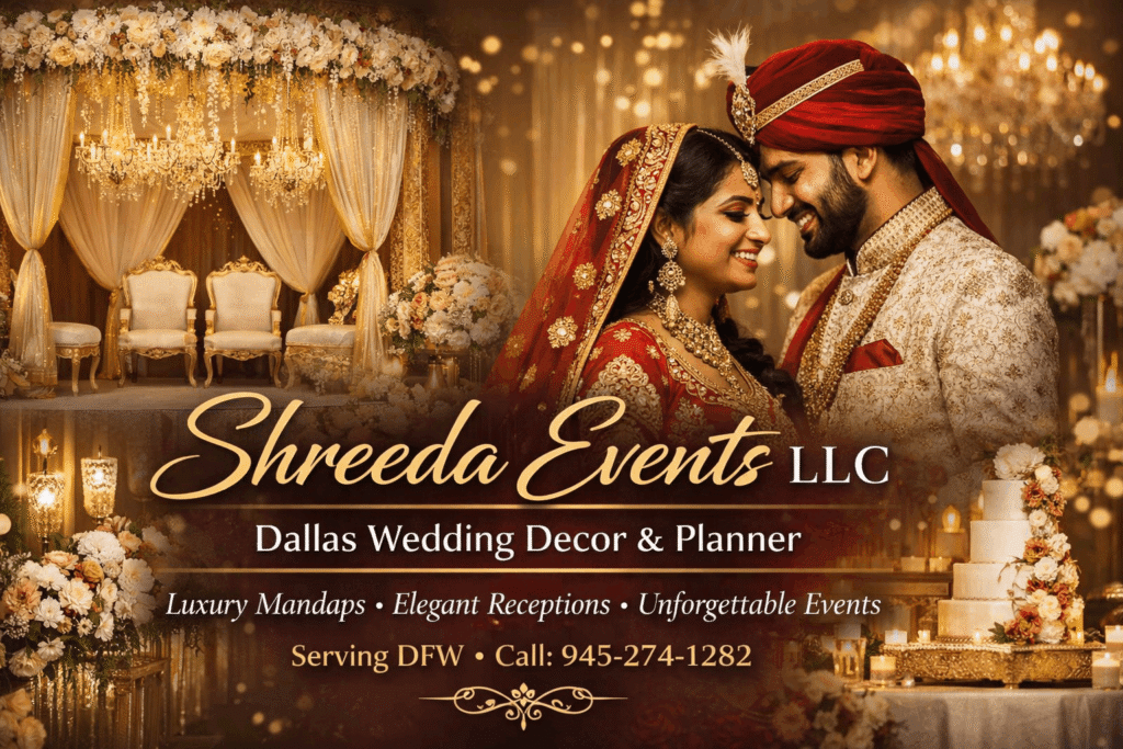 Luxury Indian wedding mandap decoration with floral backdrop, golden arches, and chandelier lighting by Shreeda Events in Dallas TX