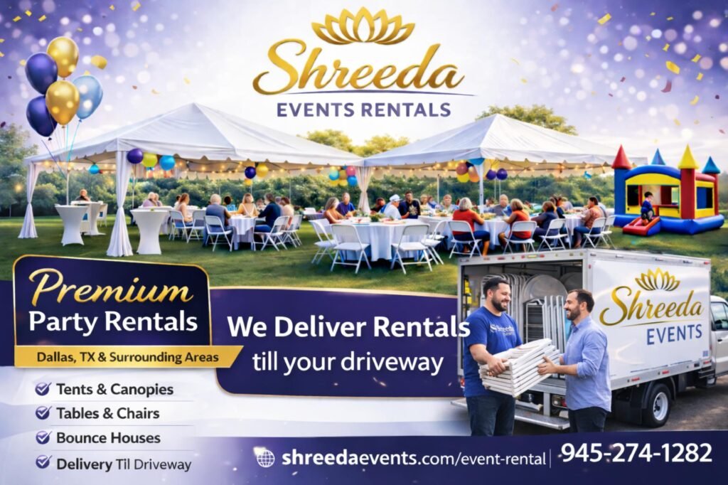 Outdoor event setup with white tent, banquet tables, and elegant chairs arranged by Shreeda Events LLC for a party rental in Dallas, TX.